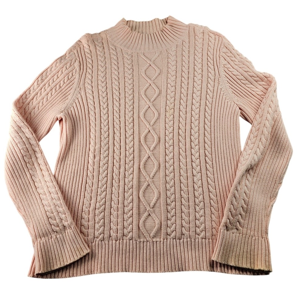 Chaps Cable Knit Sweater Womens L Pink Hand Knit Fisherman Long Sleeve Pullover‎